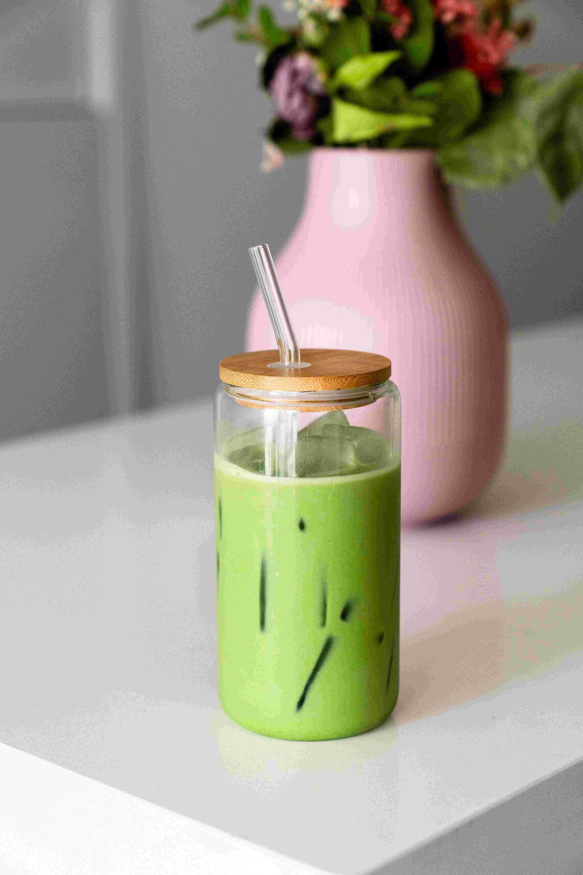 Glass Cup with Bamboo Lid and Glass Straw