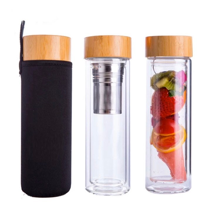 Double Wall Glass Thermos with Bamboo Cap