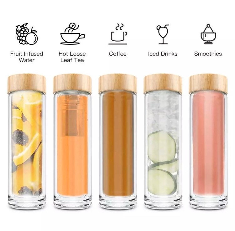 Double Wall Glass Thermos with Bamboo Cap