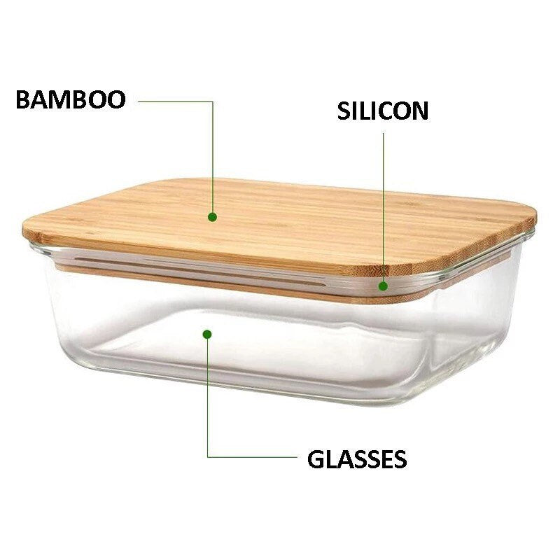 Bamboo and Glass Food Containers | Glass Food Conditioner Set with Bamboo Lid | Food storage set with bamboo lids