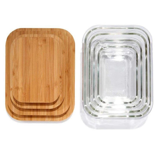 Bamboo and Glass Food Containers | Glass Food Conditioner Set with Bamboo Lid | Food storage set with bamboo lids