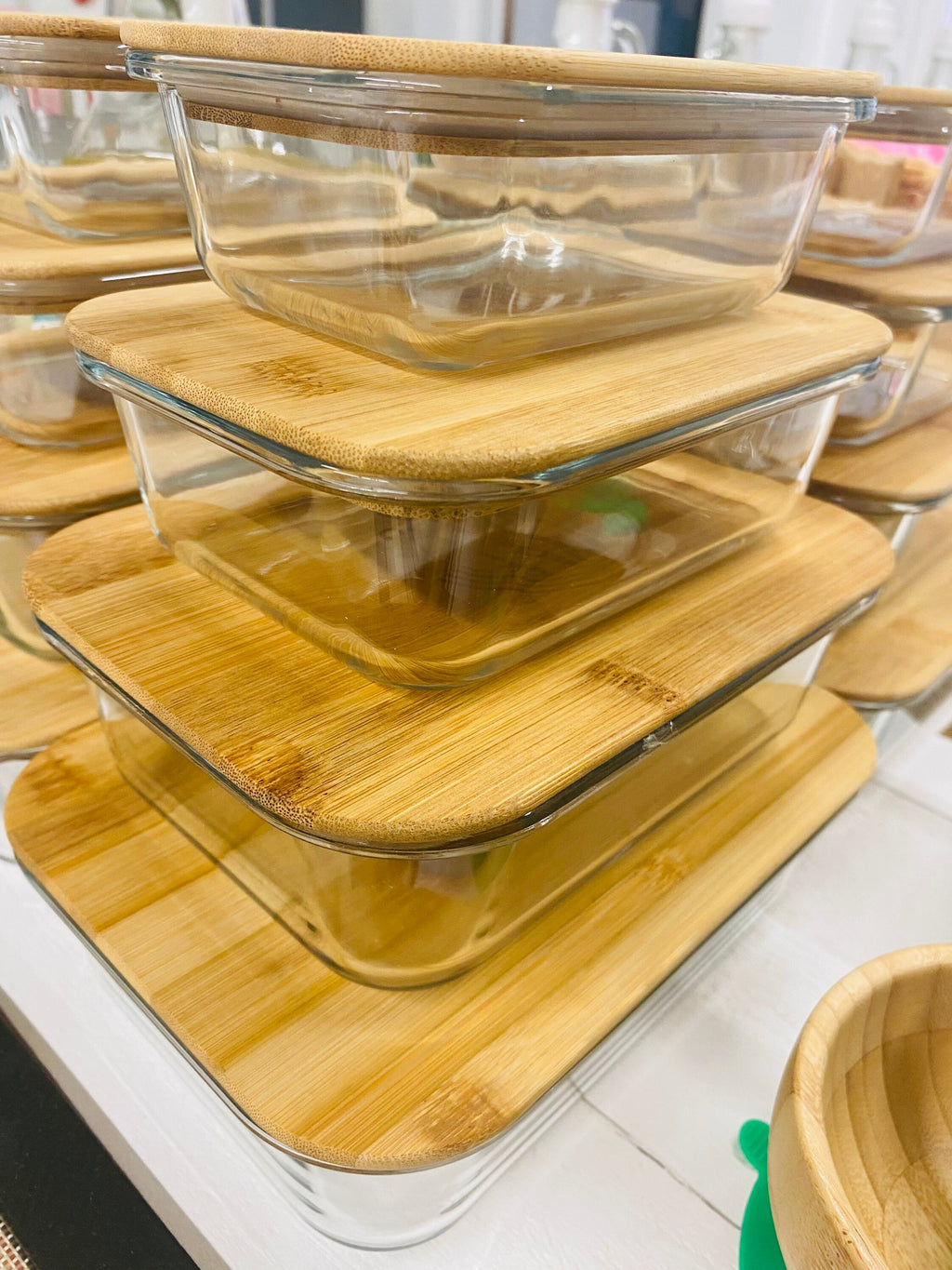 Bamboo and Glass Food Containers | Glass Food Conditioner Set with Bamboo Lid | Food storage set with bamboo lids